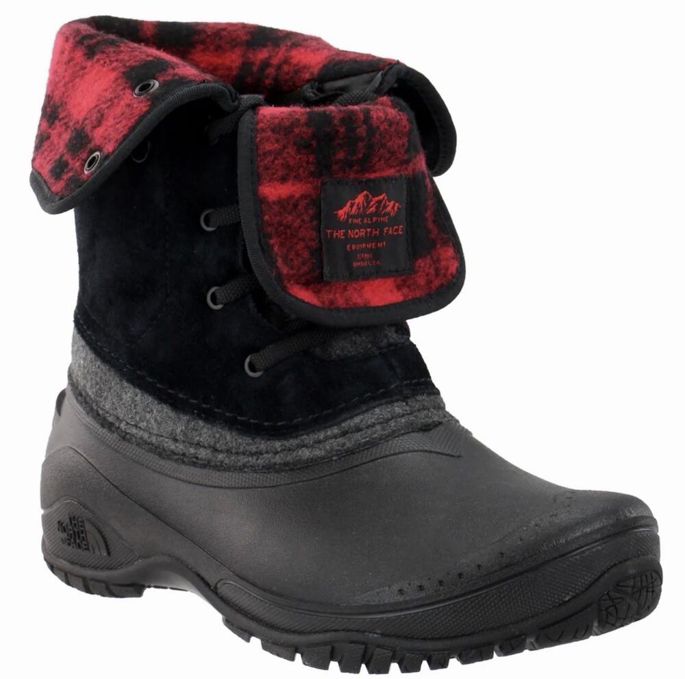 The North Face Shellista II Roll Down Waterproof Boots 10.5 Black Red Plaid